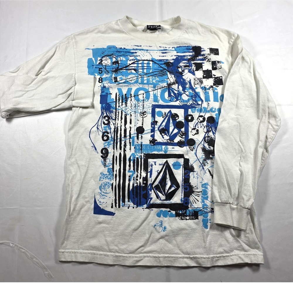 Volcom Mens M Long Sleeve Graphic T-Shirt White Blue Abstract Skate Y2K Stone